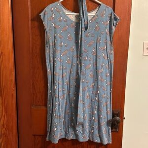 Blue Platypus Dress with Fox Print and belt tie L